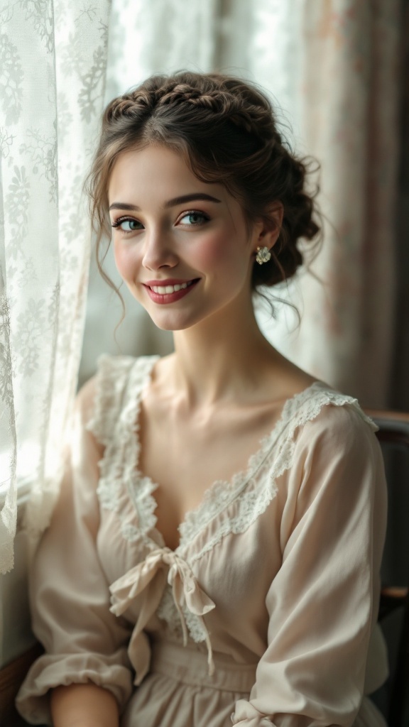 A young woman with a braided chignon hairstyle sitting by a window, smiling.