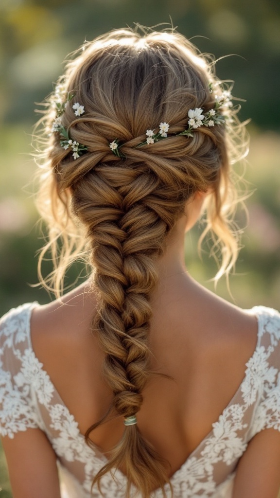 A person with a fishtail braid adorned with small flowers, showcasing a bohemian hairstyle.