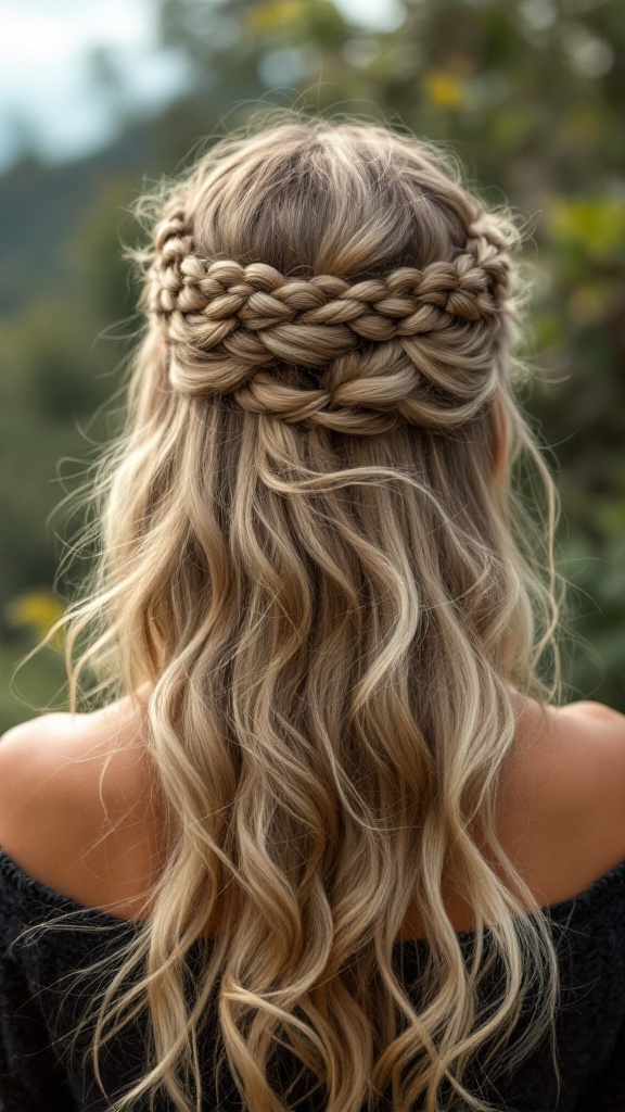 A woman with long hair styled in a braided crown half-up hairstyle, with waves cascading down.