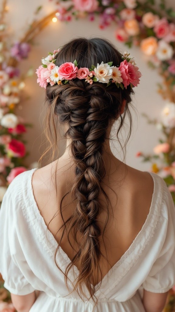 A woman with long, thick hair styled in a braided crown, adorned with a floral headband.