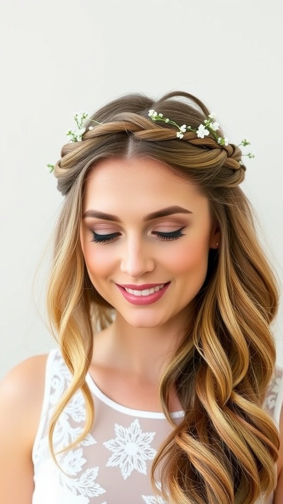 A woman with a braided crown hairstyle and loose waves, adorned with small white flowers.