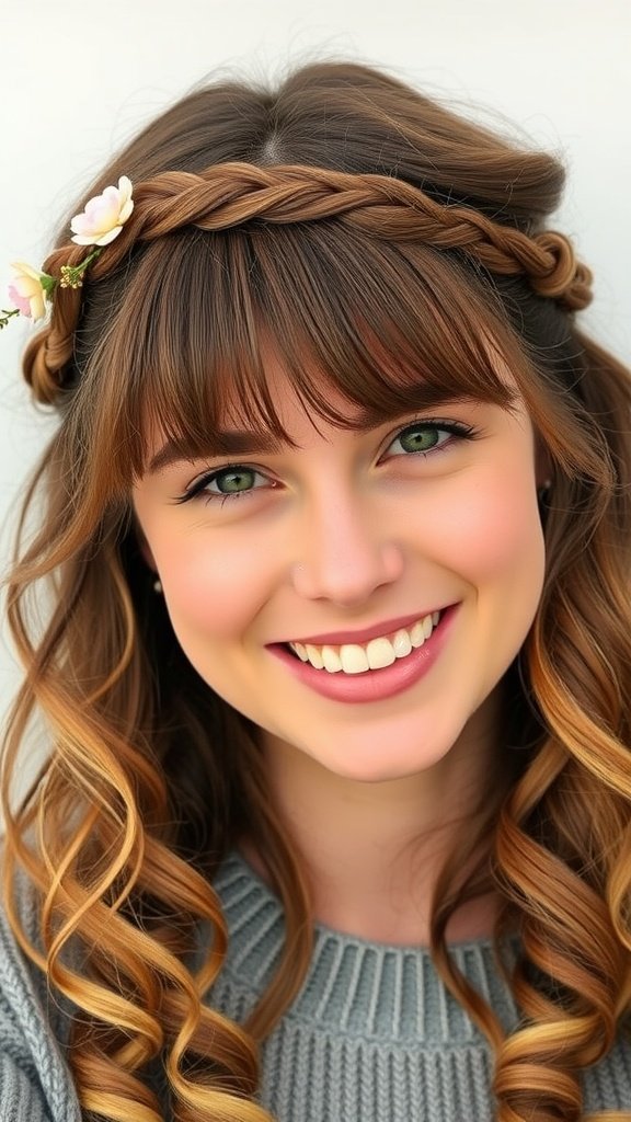 A young woman with braided hair at the front and free-flowing curls, wearing a light sweater and smiling softly.