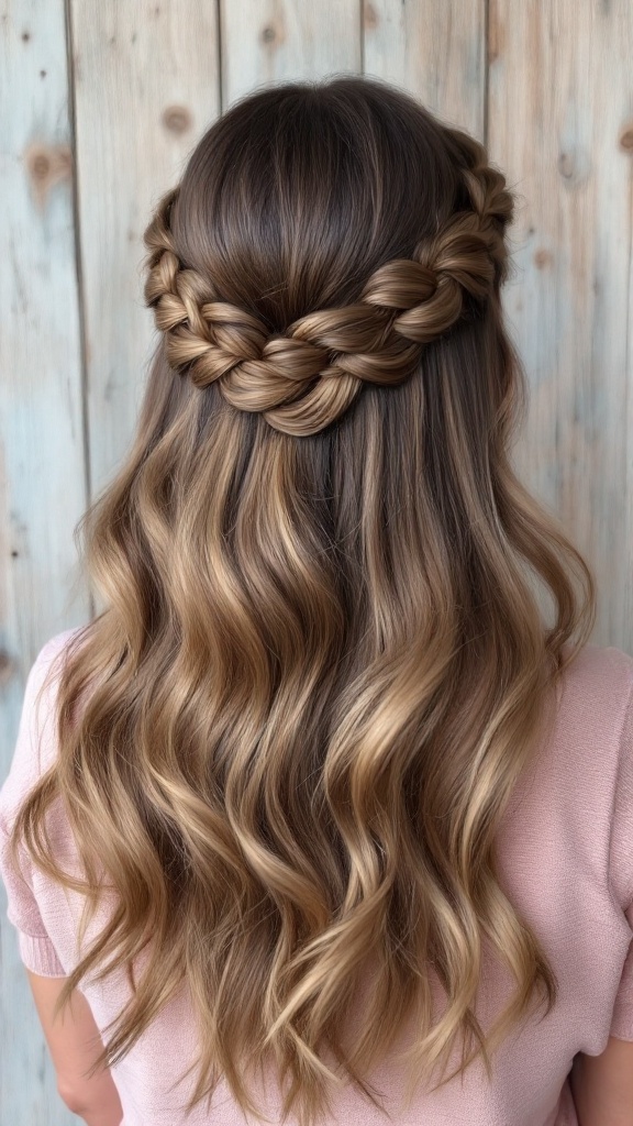 A woman with long hair styled in a braided halo half-up hairstyle, featuring loose waves.