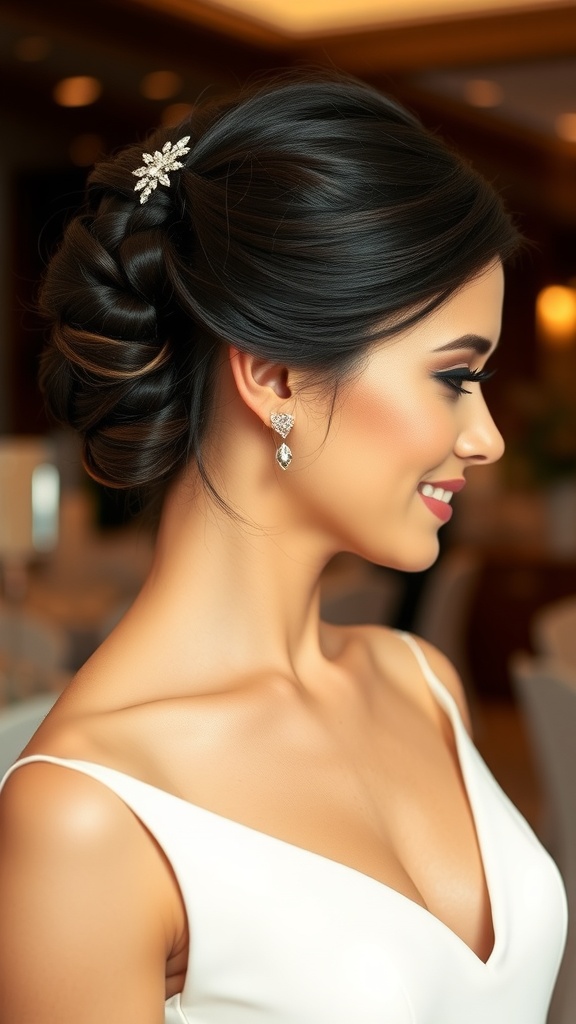 A woman with a braided ponytail styled elegantly, adorned with a sparkling hair accessory.