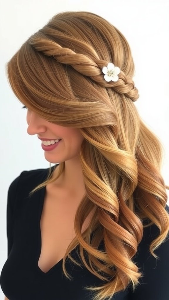 A woman with long, wavy hair styled in a braided side sweep, adorned with a white flower on the side.