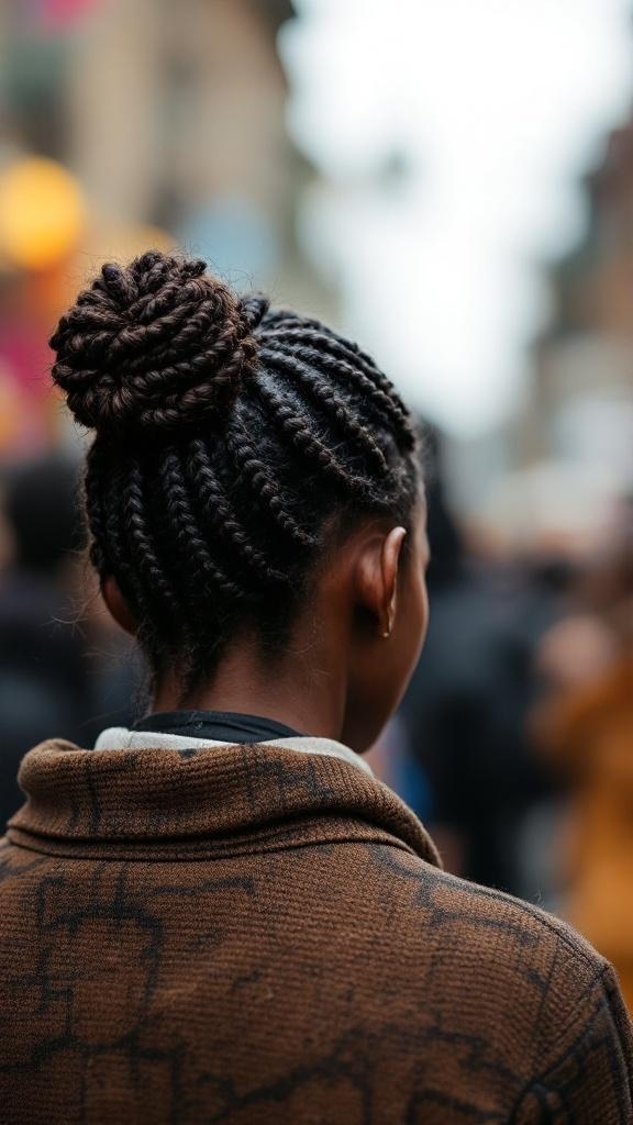 A person with braided space buns hairstyle, viewed from the back.