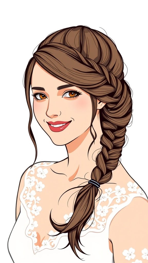 Illustration of a woman with a braided twist low bun hairstyle, smiling and wearing a dress with floral details.