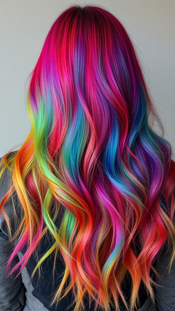 Bright balayage hairstyle featuring vibrant colors like pink, blue, and green.