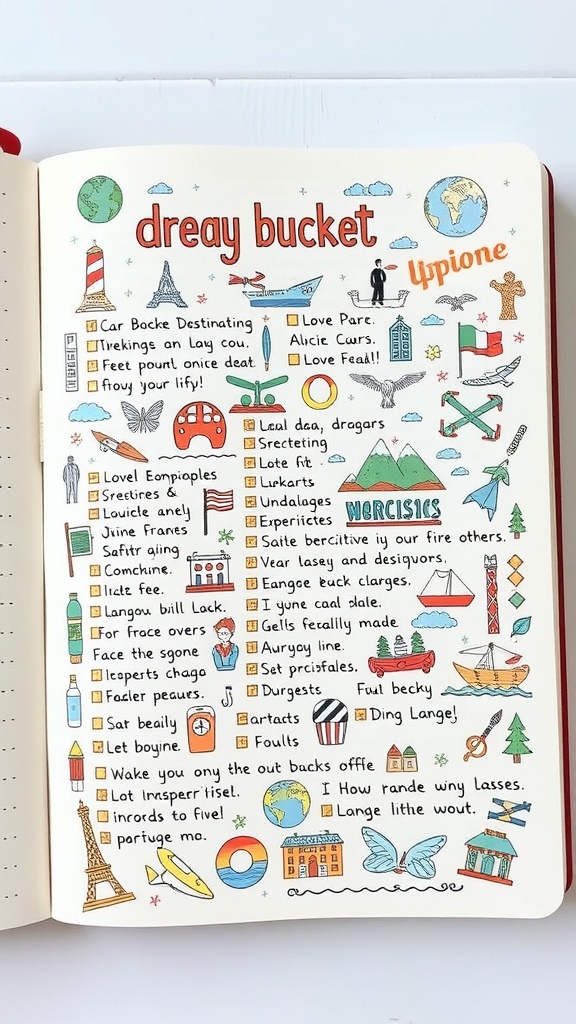 A colorful travel journal page with a bucket list and illustrations.