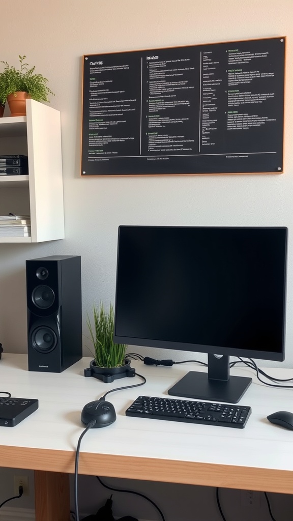 A modern home office setup with a computer, speakers, and organized cables.