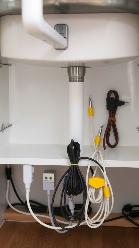 Organized under-sink area with neatly arranged cables