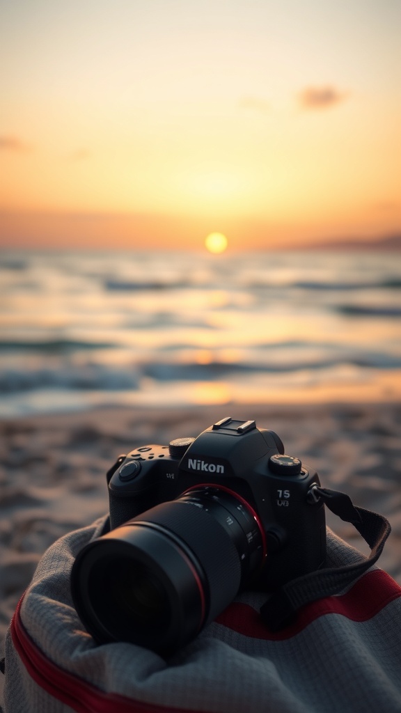 A Nikon camera resting on a beach bag with a sunset in the background.