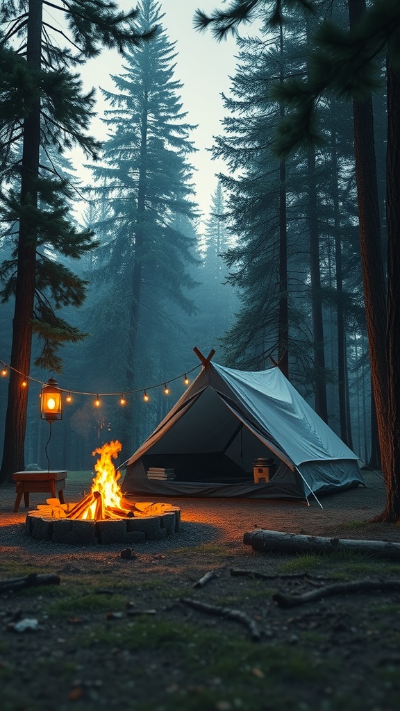 A cozy campsite with a tent and a campfire surrounded by trees.