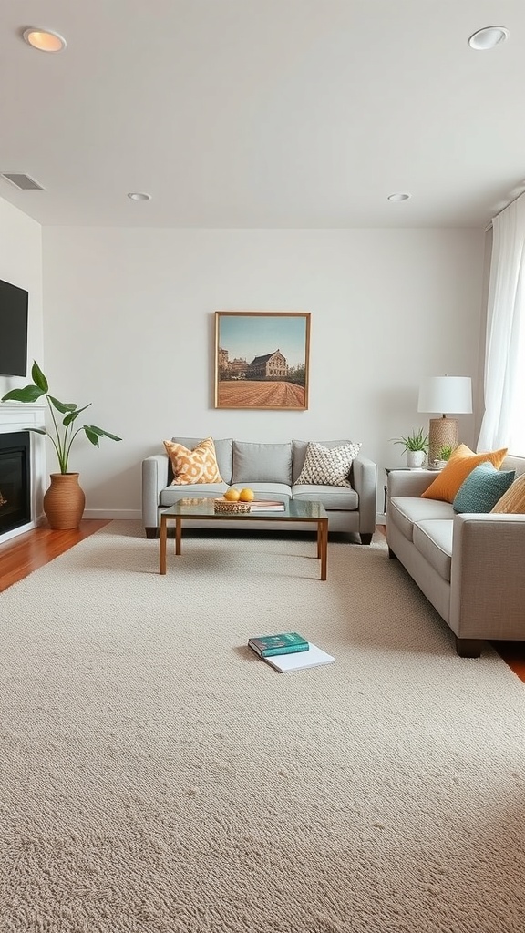 Cozy living room with a light-colored carpet and modern furniture.