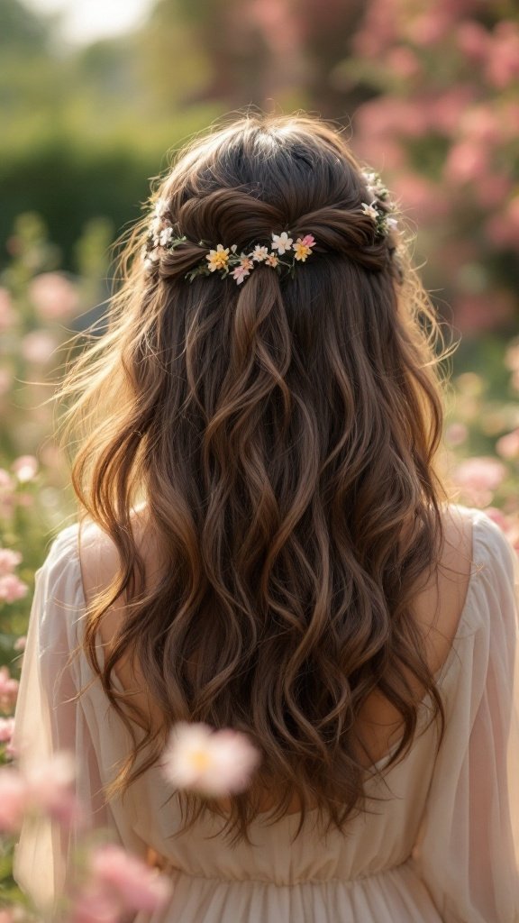 A hairstyle featuring long, wavy hair with cascading layers and floral accessories.