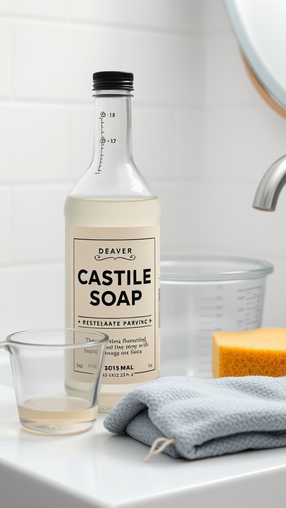A bottle of Castile soap next to a measuring cup, sponge, and cloth on a bathroom counter.