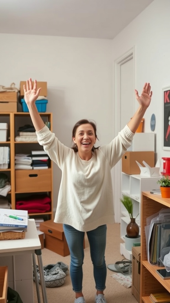 A woman joyfully celebrating her decluttering progress in a tidy room.