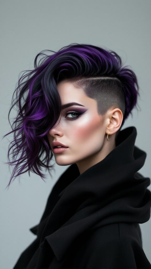 A stylish person with charcoal and purple hair, showcasing a modern haircut.