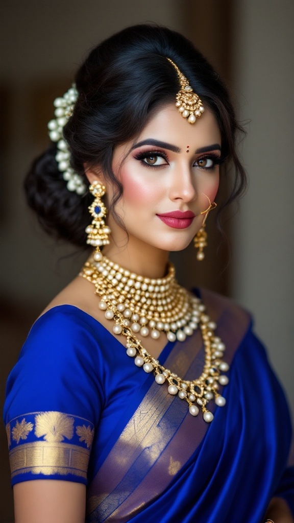 An elegant bride with a chignon bun adorned with gold accessories, wearing a blue saree.