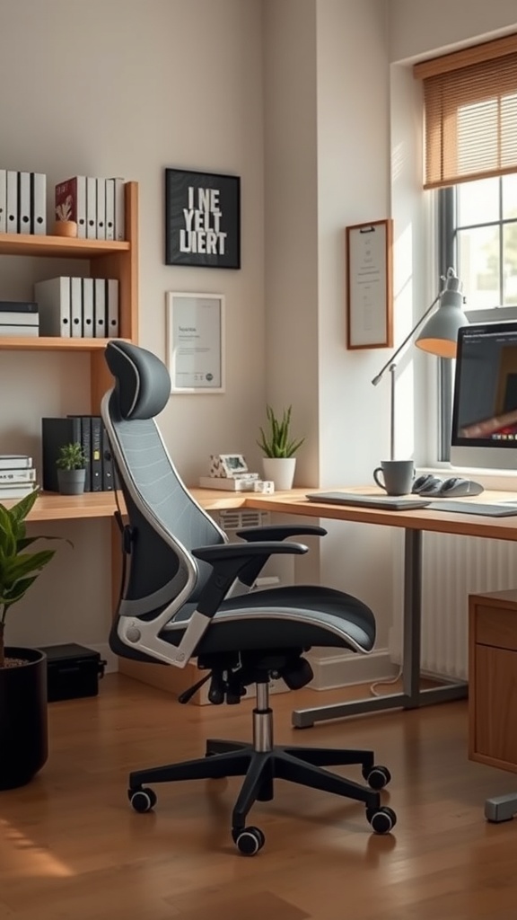 A modern ergonomic office chair in a well-lit home office setting.