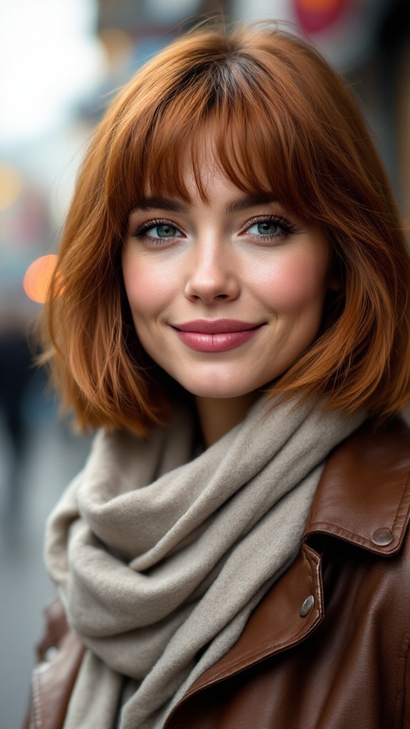 A woman with a choppy bob hairstyle and fringe, wearing a scarf and leather jacket, smiling in an urban setting.