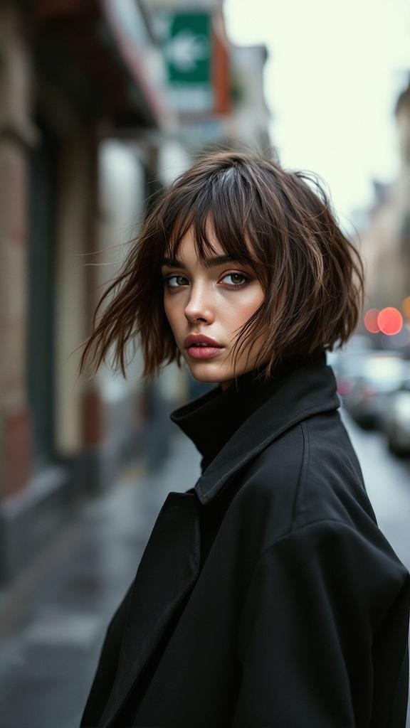 A woman with choppy layered hair, wearing a black coat, looking stylish in an urban setting.