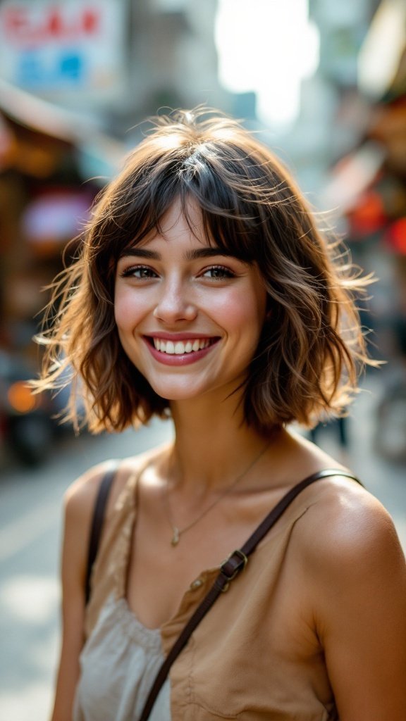 A woman with choppy layered hair smiling, showcasing a playful and casual look.