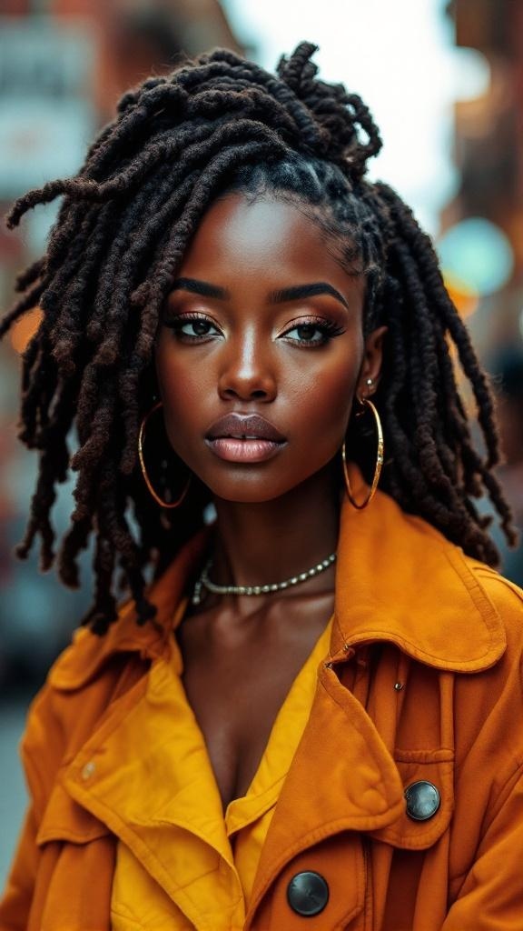 A person with chunky faux locs, wearing a vibrant outfit and hoop earrings, showcasing a stylish hairstyle.