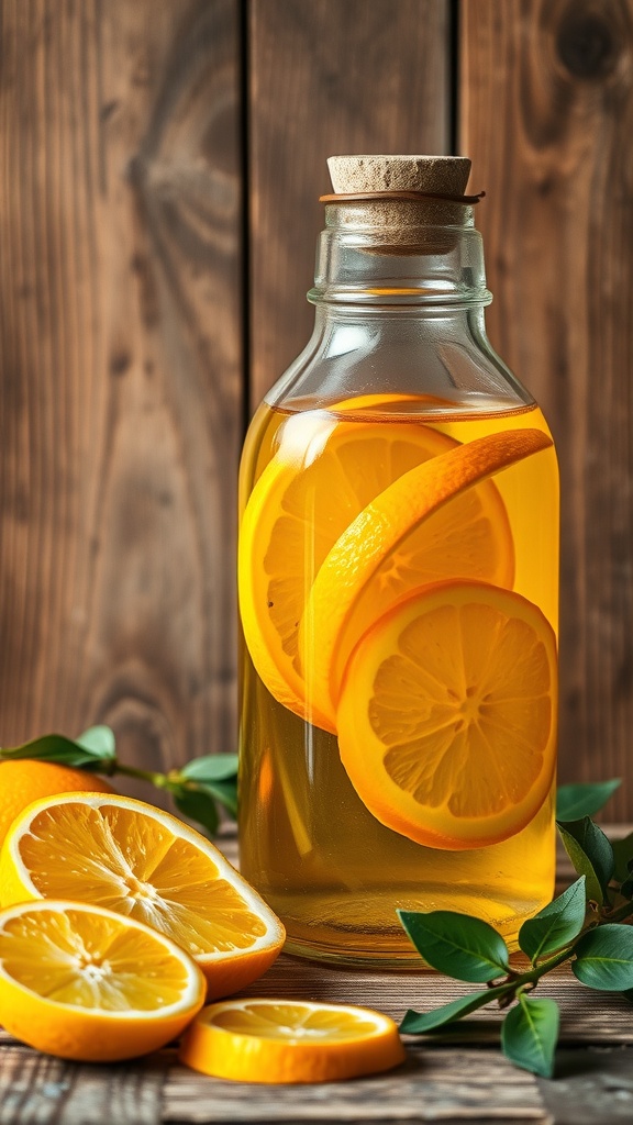 A bottle of citrus infused vinegar with lemon slices and green leaves on a wooden surface.