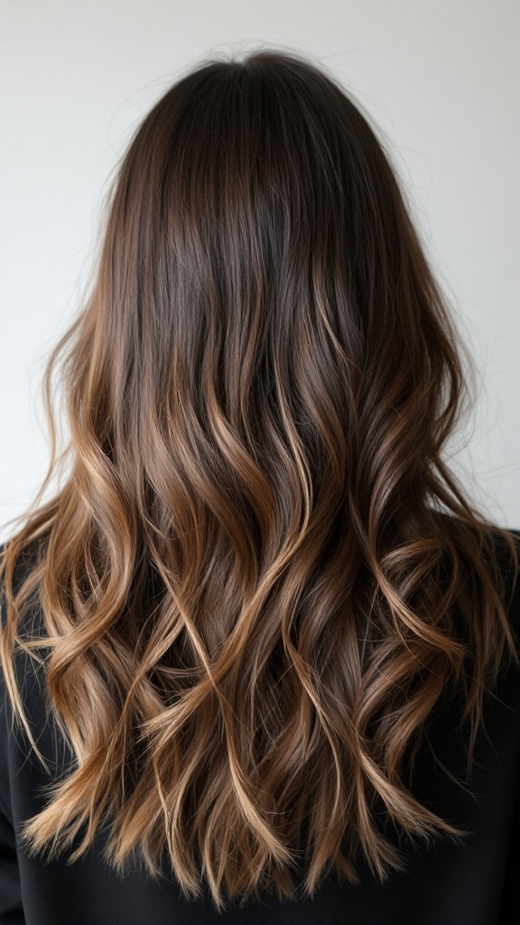 Back view of hair styled with classic balayage, showcasing soft highlights and waves.