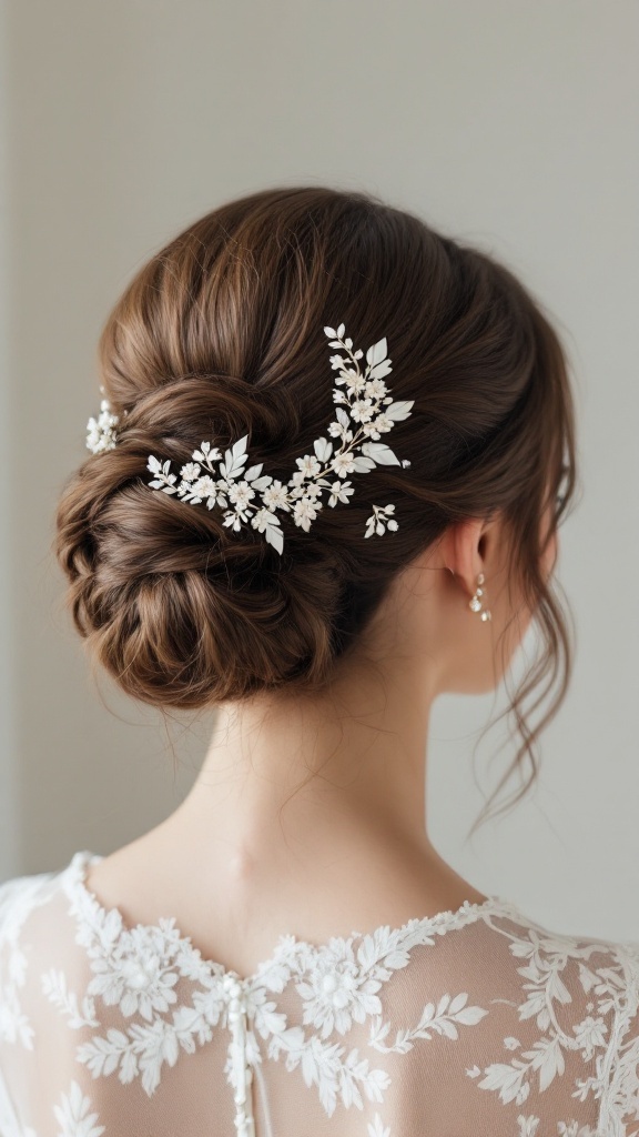 A woman with a classic chignon hairstyle adorned with floral accessories, wearing an elegant outfit.