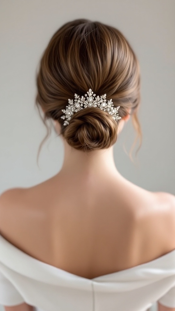 A classic chignon hairstyle adorned with a vintage brooch.