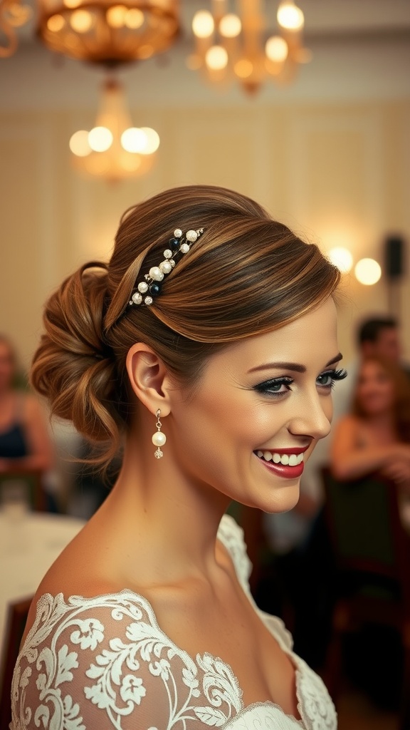 A bride with a classic French twist hairstyle, adorned with a pearl hair accessory, smiling elegantly.