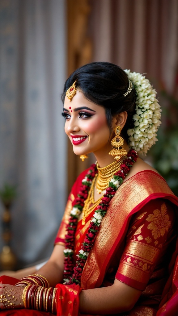 A bride wearing a classic low bun hairstyle adorned with fresh gajra and traditional jewelry.