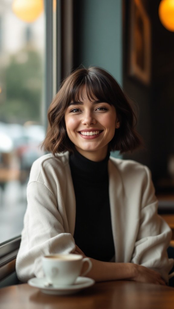A woman with a classic U-cut hairstyle, smiling while sitting at a coffee shop.