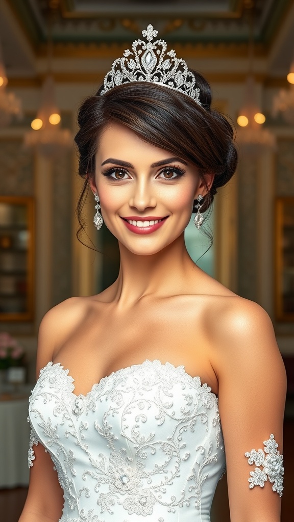 A bride with a classic updo hairstyle adorned with a sparkling tiara, smiling elegantly while wearing a beautiful wedding dress