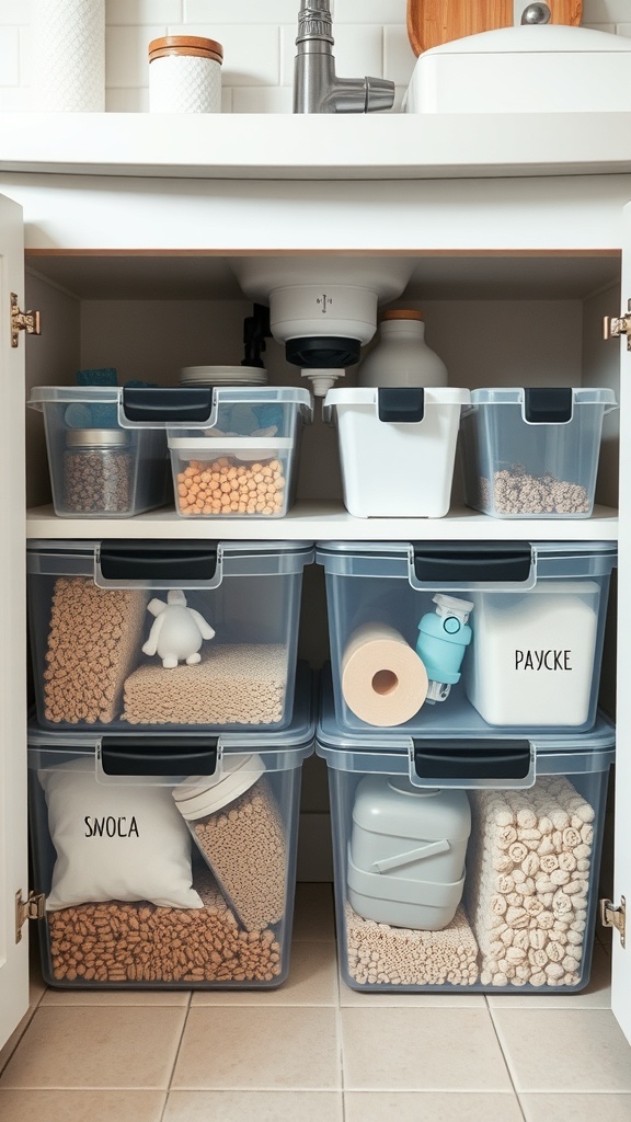 Organized under-sink storage with clear bins containing various items.