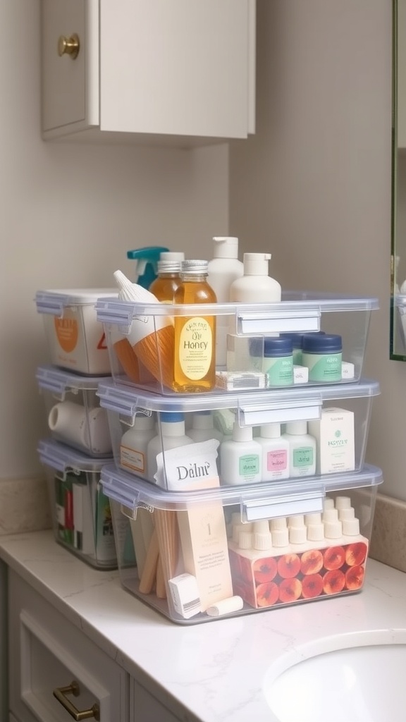 Clear containers filled with various bathroom products on a countertop.