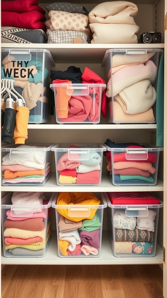 A neatly organized closet with clear storage bins filled with folded clothes.