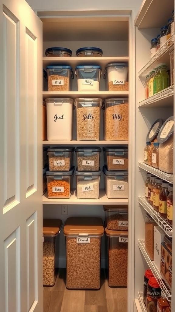 A neatly organized pantry with clear storage containers labeled for easy visibility.