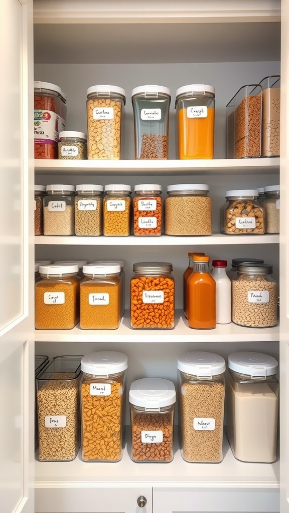 Organized pantry with clear storage containers and labels.
