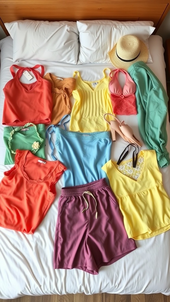 A variety of colorful summer clothing laid out on a bed, including tank tops, shorts, and a sun hat.