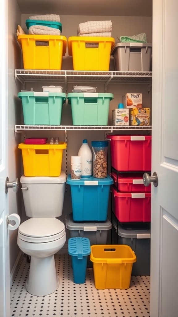 Organized bathroom storage with colorful bins on shelves.