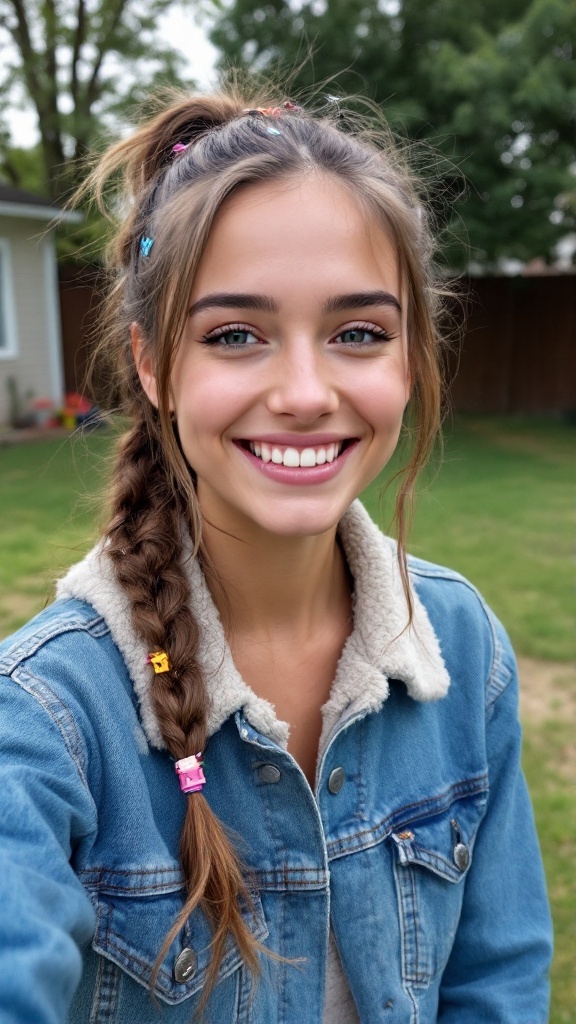 A smiling person with a ponytail adorned with colorful clips.