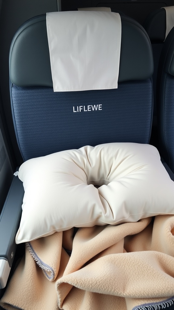 A cozy neck pillow and blanket on an airplane seat.