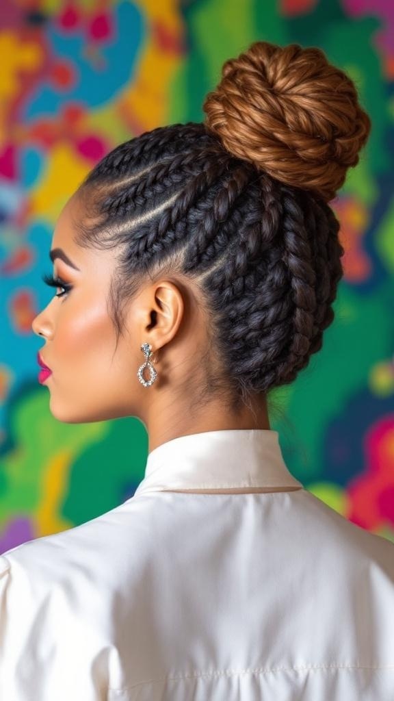 A woman with a cornrow updo styled into a twisted bun, showcasing intricate braids.