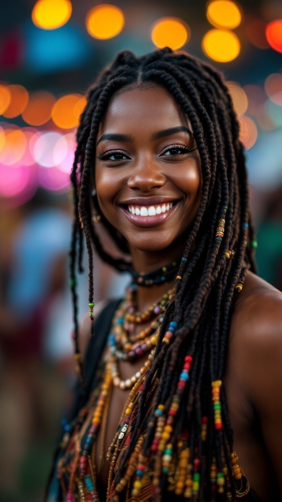A woman smiling with cornrows decorated with colorful beads, wearing bohemian jewelry.