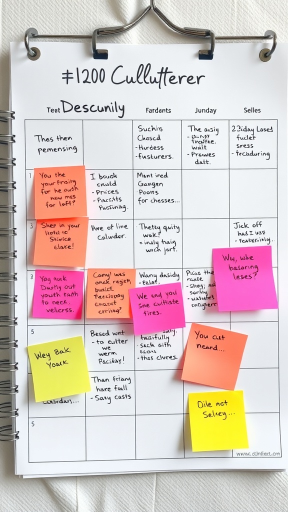 A calendar with sticky notes for a decluttering schedule.