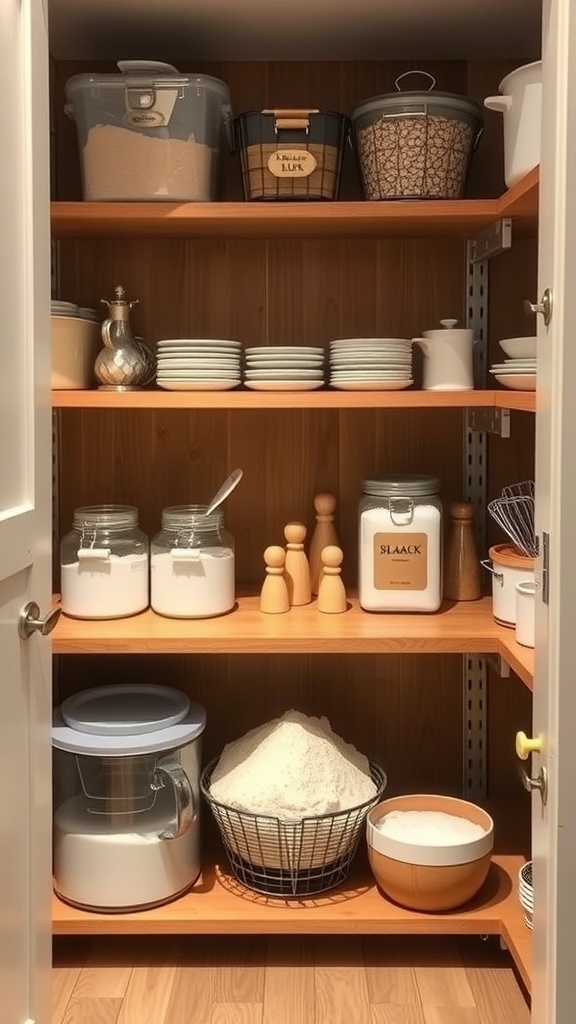 Organized pantry shelves with baking ingredients and tools