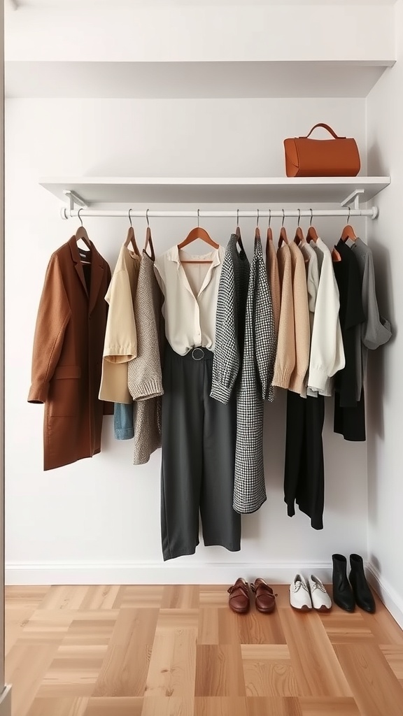 A neatly organized closet with a capsule wardrobe featuring a variety of clothing items and shoes.